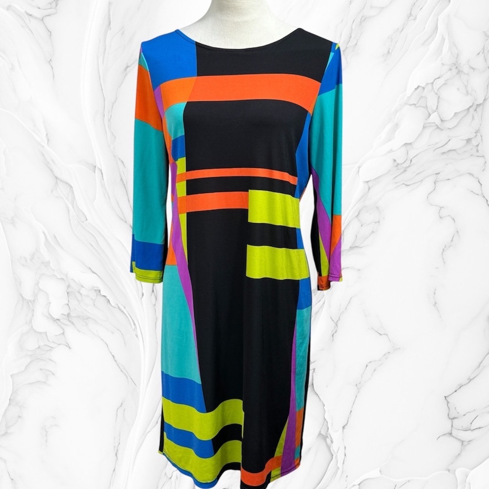 Sunny Leigh Women M Geometric Colorblock Sheath Dress Multi-Color 3/4 Sleeve Mod